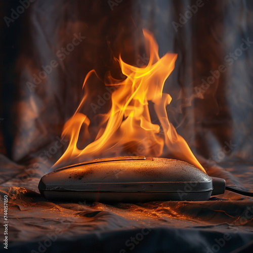 An iron left unattended on a flammable fabric flames beginning to spread symbolizing the importance of vigilance