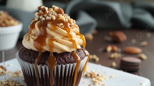 Cupcakes with chocolate caramel, nuts, and butterscotch syrup