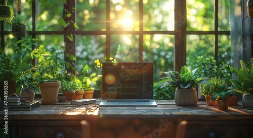 A sun-kissed laptop sits on a table amidst a lush indoor garden, with potted houseplants and a vase of colorful flowers adding life to the serene outdoor view through the window