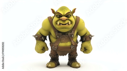 3D rendering of a green ogre. The ogre is wearing a brown vest and has a large grin on its face. photo