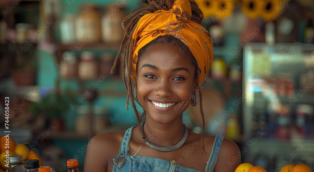 Obraz premium A radiant woman exudes warmth and joy as she models her fashionable orange clothing, mirroring the bright and vibrant hues of the juicy fruit in the background