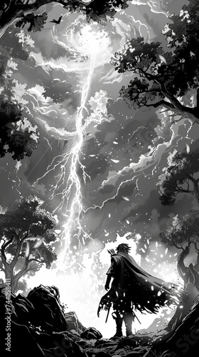 Manga scene An archer with a quiver of spellbinding arrows navigates a demon infested forest guided by a sorcerous light photo