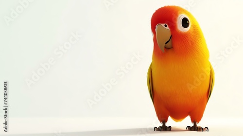 A cute and colorful parrot is sitting on a white background. The parrot has bright orange feathers, a yellow belly, and a red head.