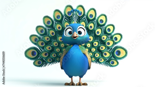 A cute and colorful peacock with its feathers spread out in a fan shape. The peacock is looking at the viewer with a friendly expression.