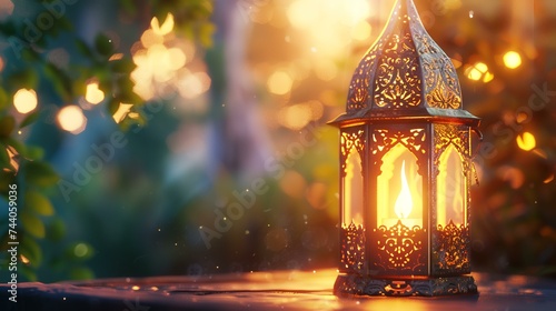 Lantern in the garden. Ramadan Kareem greeting card.