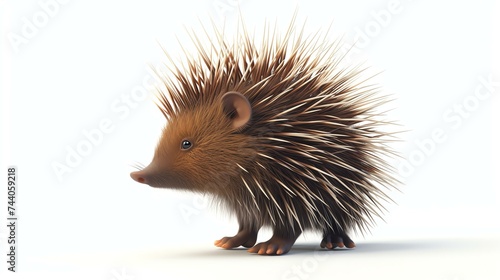 A cute baby porcupine with brown and white quills. It is standing on a white background and looking to the left. © Nijat