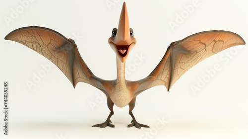 3D illustration of a cute and friendly cartoon pterodactyl dinosaur. The pterodactyl is smiling and has its wings spread out. © Nijat