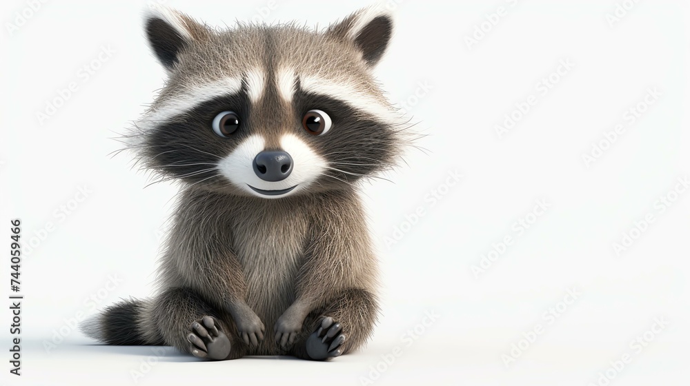 A captivating 3D rendering of an adorable, lively raccoon on a pristine white background. This endearing creature is finely detailed with expressive eyes, fluffy fur, and a mischievous grin.