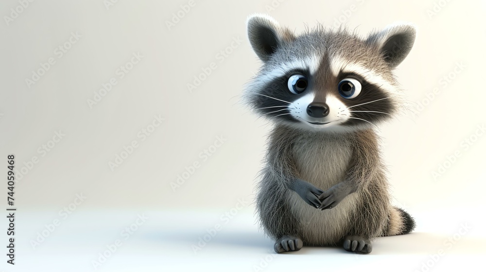 Cute and cuddly raccoon sits on a white background. The raccoon has big blue eyes and a bushy tail.