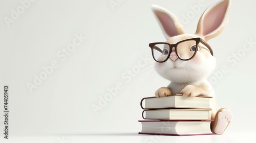 A cute and fluffy white bunny is sitting on a stack of books. The bunny is wearing glasses and has a curious expression on its face.