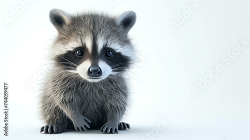 A cute baby raccoon sits on a white background and looks at the camera with its big, round eyes.