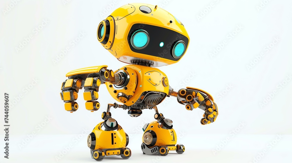 Cute and friendly yellow robot with big eyes. The robot is standing on two legs and has two arms. It has a round head and a small body.