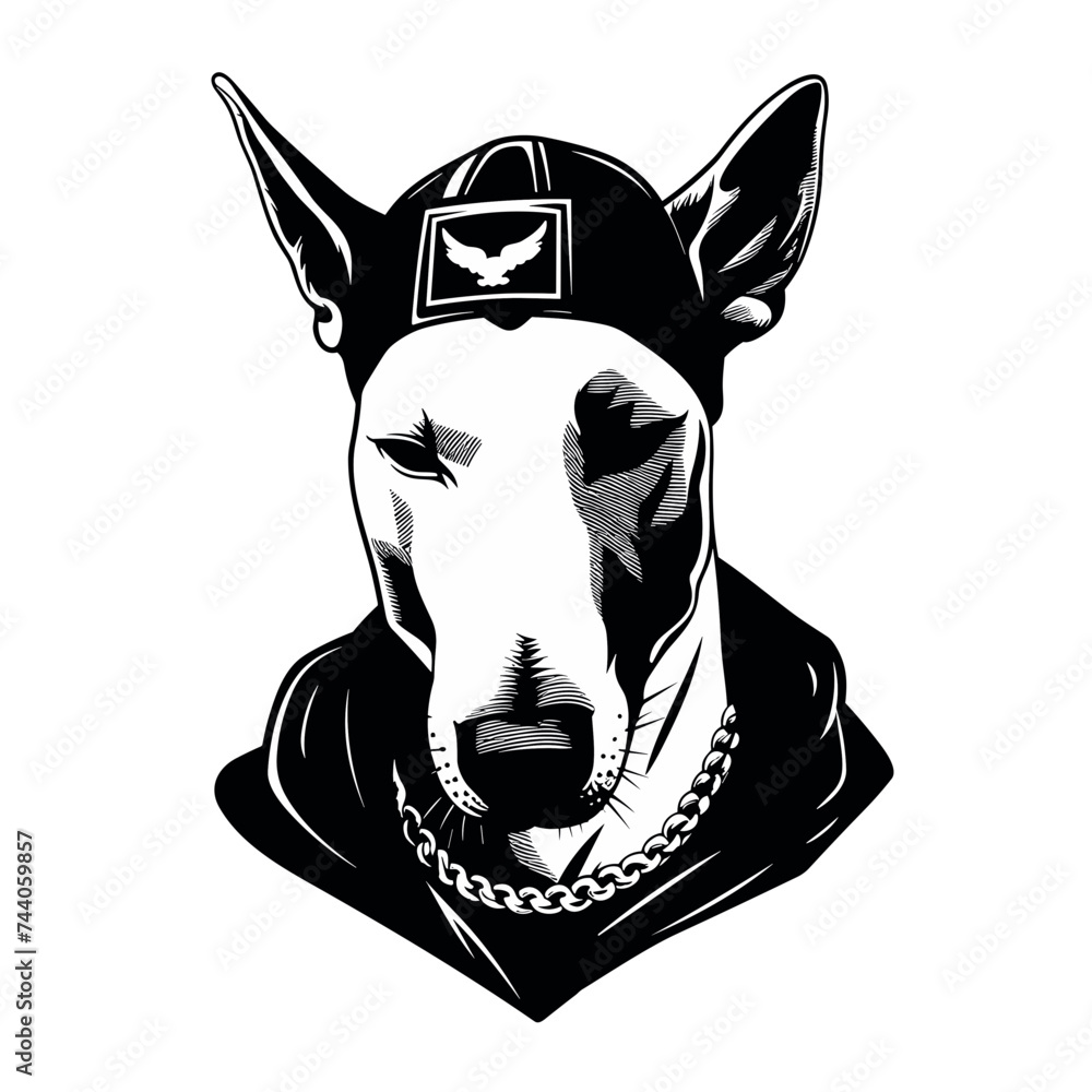 cartoon rapper dog bull terrier stylish wearing  hoodie  vector illustration isolated transparent background logo, cut out or cutout t-shirt print design - obrazy, fototapety, plakaty 
