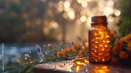 a close up of a jar on a table with flowers in the foreground and a river in the background with lights in the middle of the bottle and flowers in the foreground.