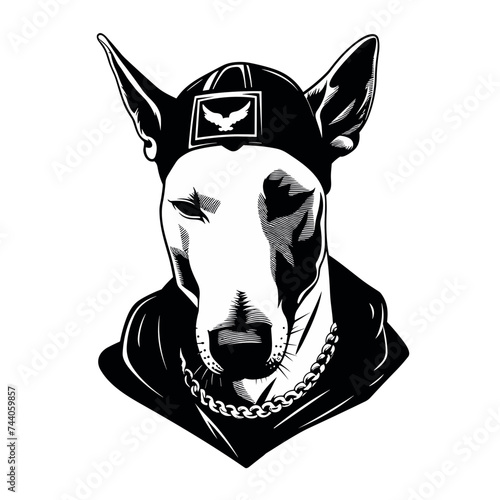 cartoon rapper dog bull terrier stylish wearing  hoodie  vector illustration isolated transparent background logo, cut out or cutout t-shirt print design