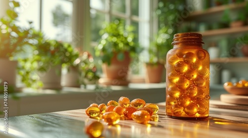  a jar filled with jelly beans sitting on top of a wooden table next to a potted plant and a potted plant on the side of a window sill.