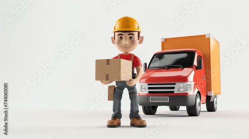 3D rendering of a delivery man in a yellow hard hat holding a box with a truck in the background. © Nijat