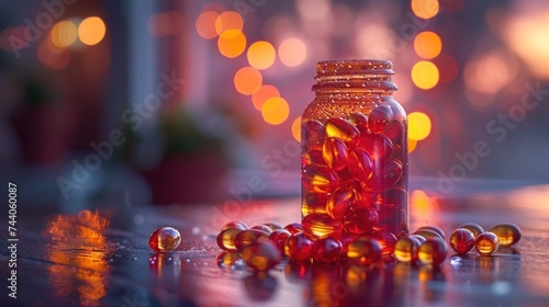  a close up of a bottle of pills on a table with a blurry background of boke of lights and a potted plant in the corner of the room.