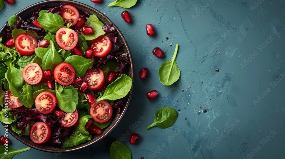  a salad with spinach, tomatoes and pomegranates in a bowl on a blue background with green leaves and pomegranates around it.