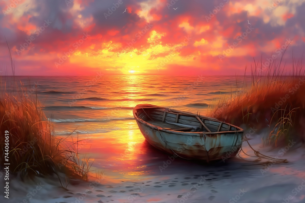 fishing boats on the lake at sunset, oil painting - obrazy, fototapety, plakaty 