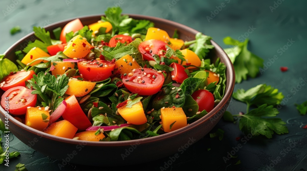  a salad with tomatoes, lettuce, and other vegetables in a bowl on a green surface with parsley and red pepper sprinkles on the side.