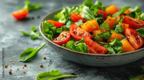  a salad with tomatoes, lettuce, and other vegetables in a white bowl on a gray surface with a sprig of parsley on the side.