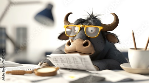 AðŸƒ wearing ðŸ‘“ is sitting at a åŠžå…¬æ¡Œ reading a ðŸ“°. There is a ðŸ–¥ï¸, a â˜• cup and some ðŸ“„ on the desk. The ðŸƒ is looking at the camera.