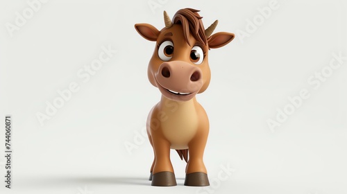 This is a 3D rendering of a cute and friendly cartoon cow. The cow is standing on a white background and has a happy expression on its face.