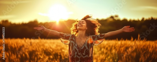 Backlit Portrait of calm happy smiling free black woman with open arms and closed eyes enjoys a beautiful moment life on the fields at sunset	