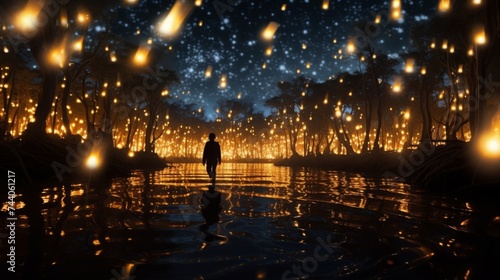 Person looks at glowing night in swamp forest. © Irina