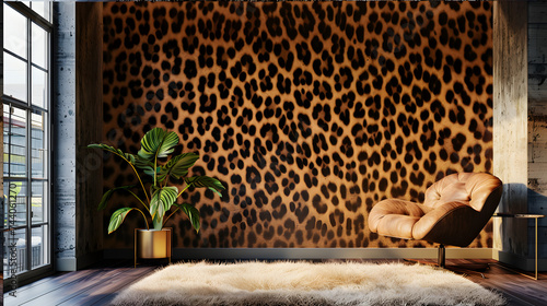 Stylish Living Room With Leopard Print Wall