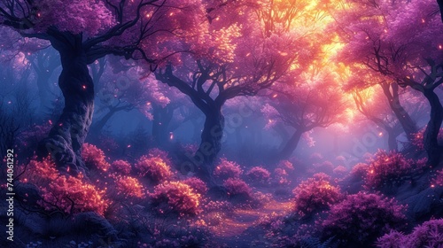  a forest filled with lots of trees covered in purple and pink flowers with a bright light coming from the top of one of the trees and a trail leading to the bottom of the trees.