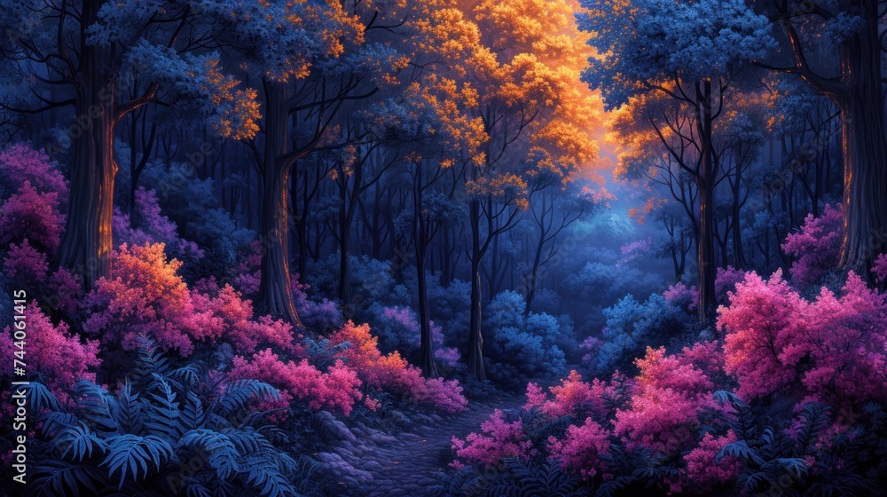 a painting of a forest filled with lots of purple and pink trees and bushes, with a bright light coming from the top of the trees in the middle of the forest. a painting of a forest filled with lots of purple and pink trees and bushes, with a bright light coming from the top of the trees in the middle of the forest.