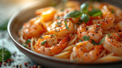  a close up of a bowl of pasta with shrimp and basil sprinkled on the top of the pasta and garnished with seasoning on the side.