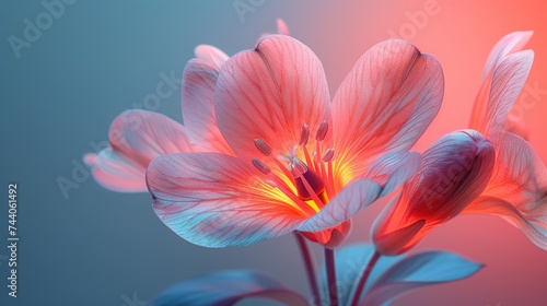  a close up of a pink flower on a blue and pink background with a blurry image of the center of the flower and the center of the flower's petals.