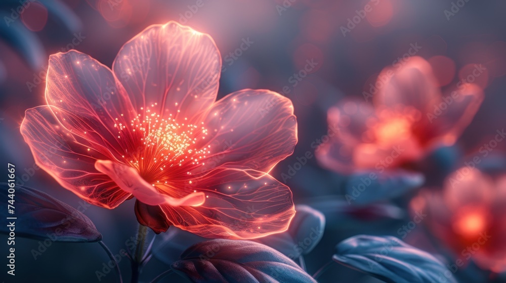  a close up of a flower with blurry lights in the background and a blurry image of a flower on the right side of the flower and a blurry background.