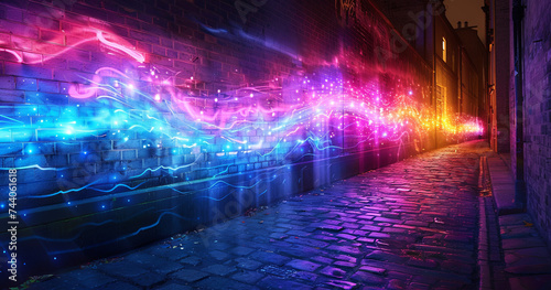 A vibrant display of neon lights illuminating a dark, narrow alleyway. The colorful lights dance on the cobblestone path and brick walls.