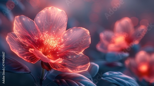  a close up of a flower with blurry lights in the background and a blurry image of a flower on the right side of the flower and a blurry background.