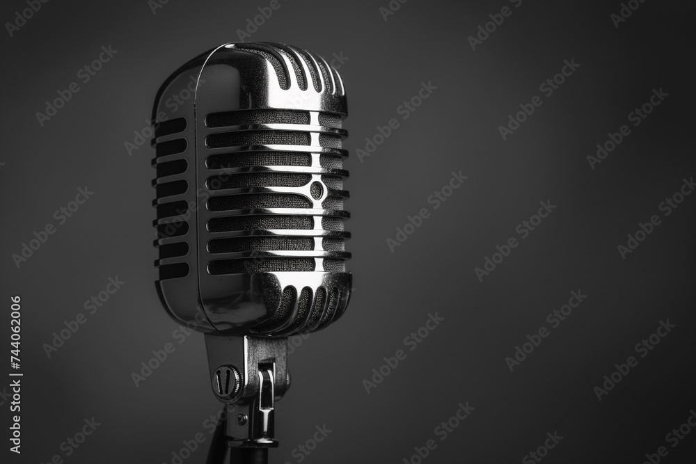 Naklejka premium A black and white photo showcasing a vintage microphone with intricate details. The microphone is set against a simple background, highlighting its classic design.