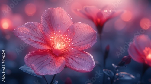  a close up of a pink flower with drops of water on it's petals and a blurry background of red and pink flowers with water droplets on the petals.