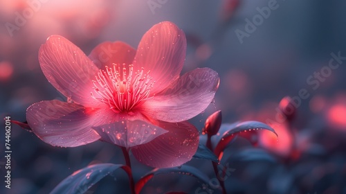  a close up of a pink flower with drops of water on it's petals and a blurry background of leaves and flowers in the foreground, with a soft focus on the foreground.
