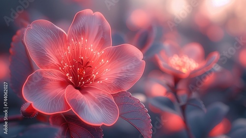  a close - up of a pink flower with a blurry background of leaves and flowers in the foreground  with a soft focus on the center part of the flower.