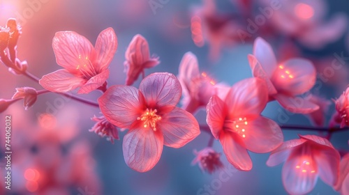  a close up of a pink flower on a branch with a blurry background of pink flowers in the foreground and a blue background of pink flowers in the foreground.