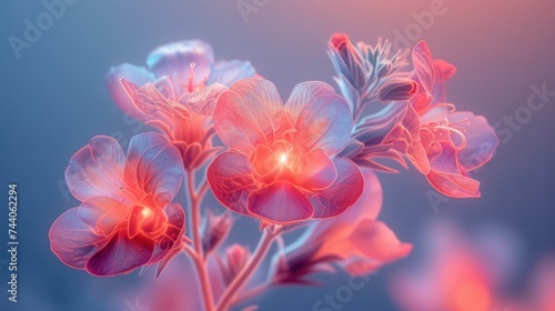  a close up of a bunch of flowers on a blue and pink background with a blurry image of a flower in the middle of the center of the picture.