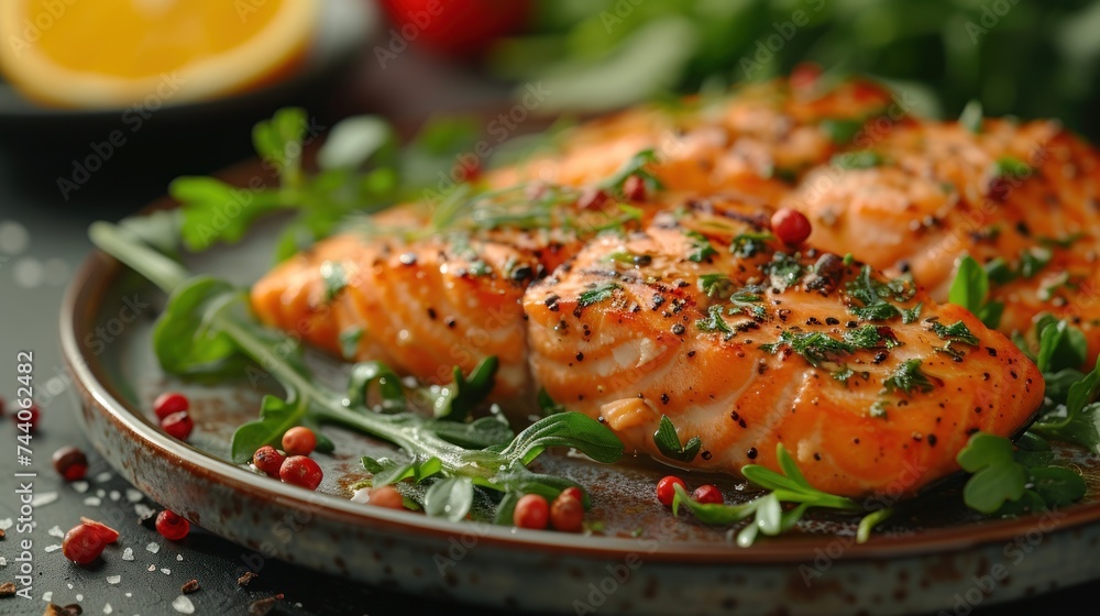  a close up of a plate of food with salmon and greens on a table next to a lemon and pepper shaker and a glass of orange juice in the background.