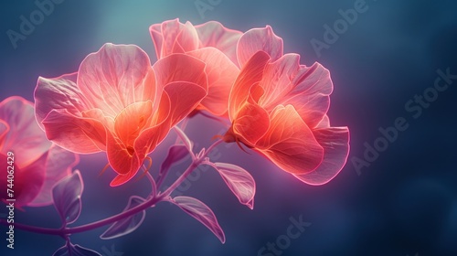  a close up of a pink flower on a blue and pink background with a blurry image of a flower in the middle of the picture and the middle of the image.