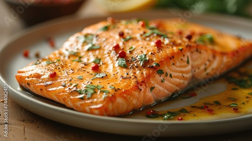  a close up of a fish on a plate on a table with a bowl of seasoning and a cup of sauce on the side of the plate in the background.