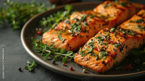  a close up of a plate of food with salmon and herbs on a black surface with a sprig of herbs on the side of the plate and the plate.