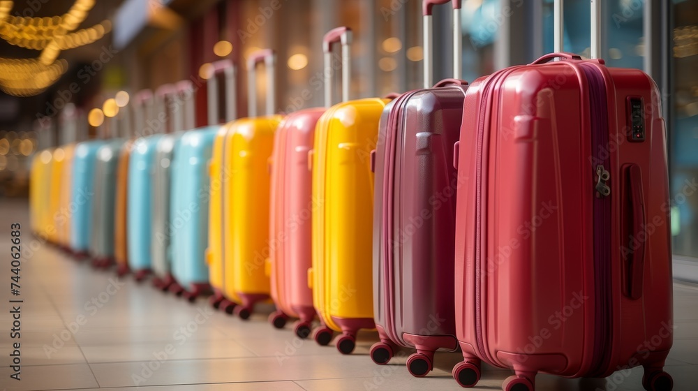 Airport luggage suitcases wide banner, ideal for holiday travel concepts with copy space. Airport luggage suitcases wide banner, ideal for holiday travel concepts with copy space.