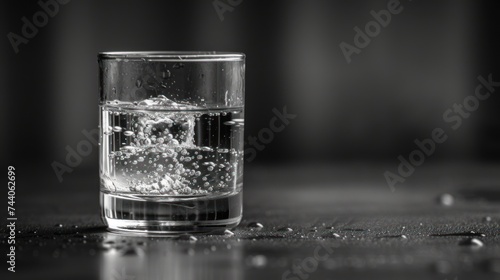  a black and white photo of a glass of water with water droplets on the bottom of the glass and water droplets on the bottom of the glass on the bottom of the glass.